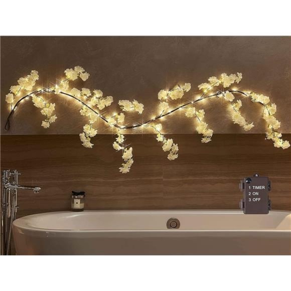 Cherry Blossom Garland with Light Battery Operated with Timer 96 Fairy Light 6FT - Picture 4 of 7